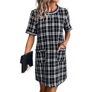 Vici Tweed Plaid Window Pane Knit Gold Trim Mini Dress Black and White Sz S